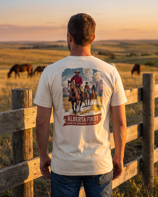 Man seen from behind wearing Sovereign Rider tee showing Alberta First back print at ranch fence