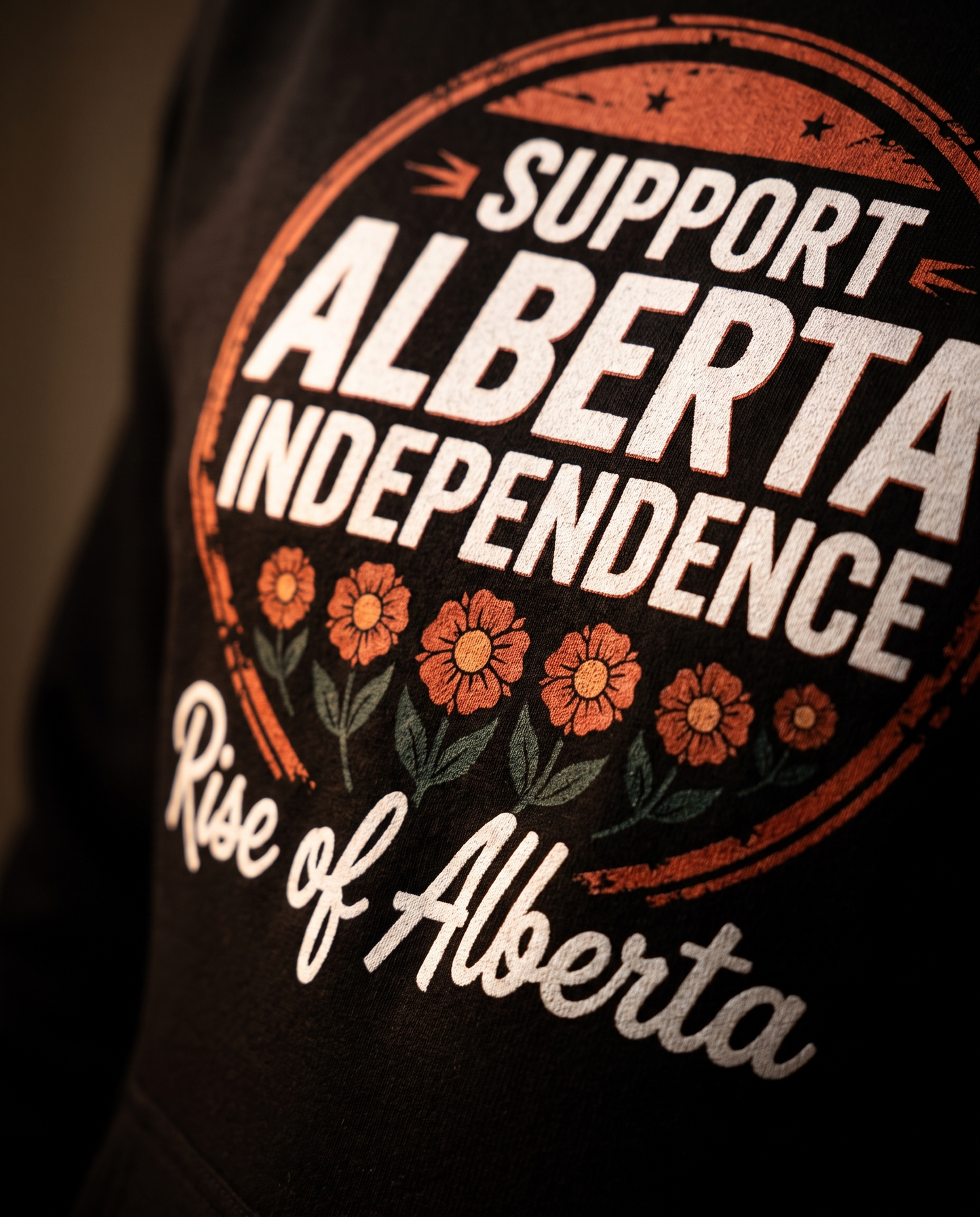 Close detail of the Wildrose Support Alberta Independence badge print