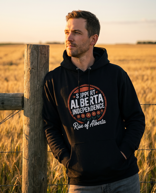 Wildrose Support Alberta Independence Hoodie at a wheat field fence at golden hour