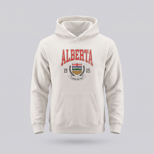Alberta Coat of Arms Hoodie in bone cream, studio product shot