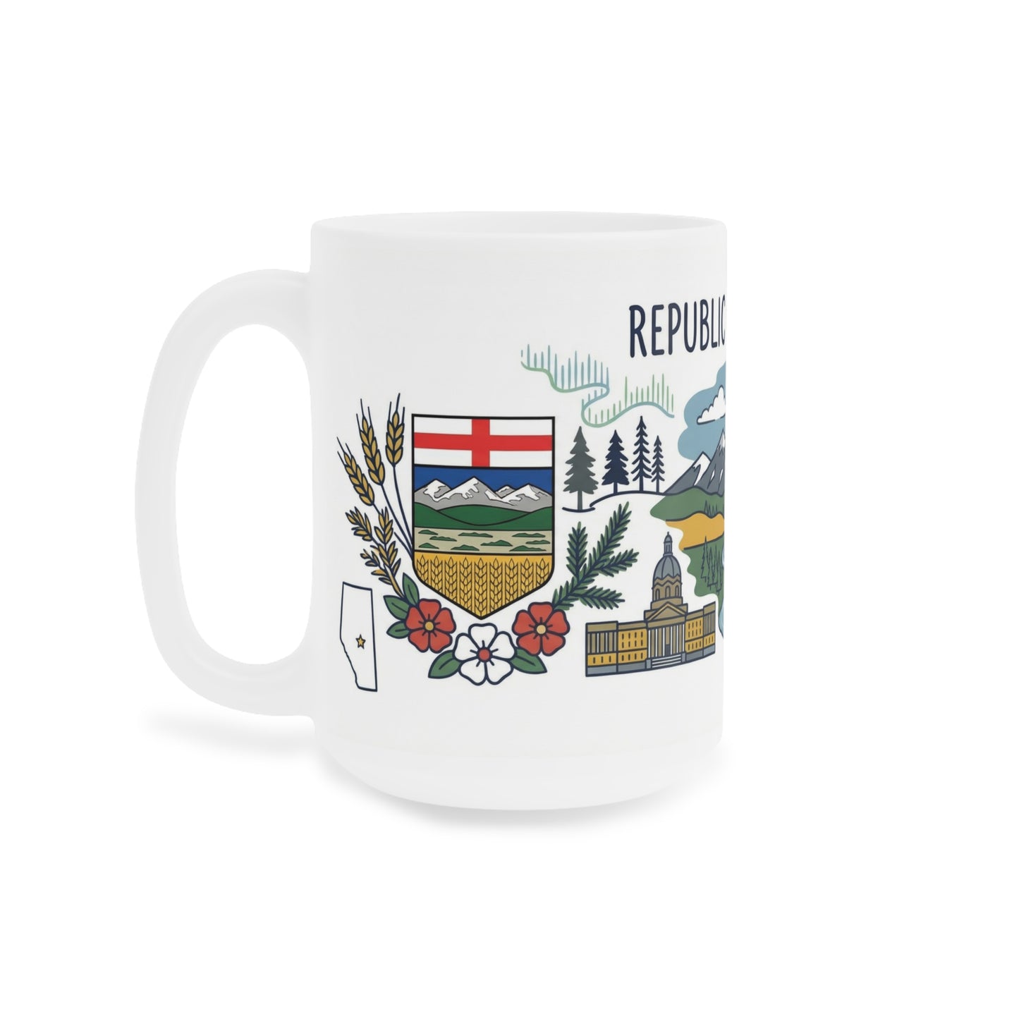 Republic of Alberta Scenic Ceramic Mug — Mountains, Wildlife & Coat of Arms Coffee Cup