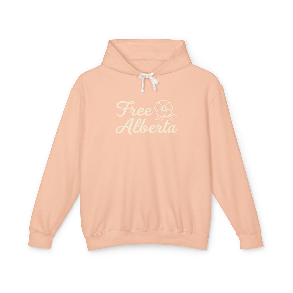 Peach hoodie with 'Free Alberta' text on a white background
