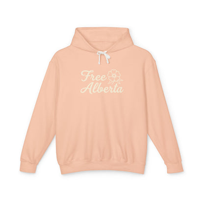 Peach hoodie with 'Free Alberta' text on a white background