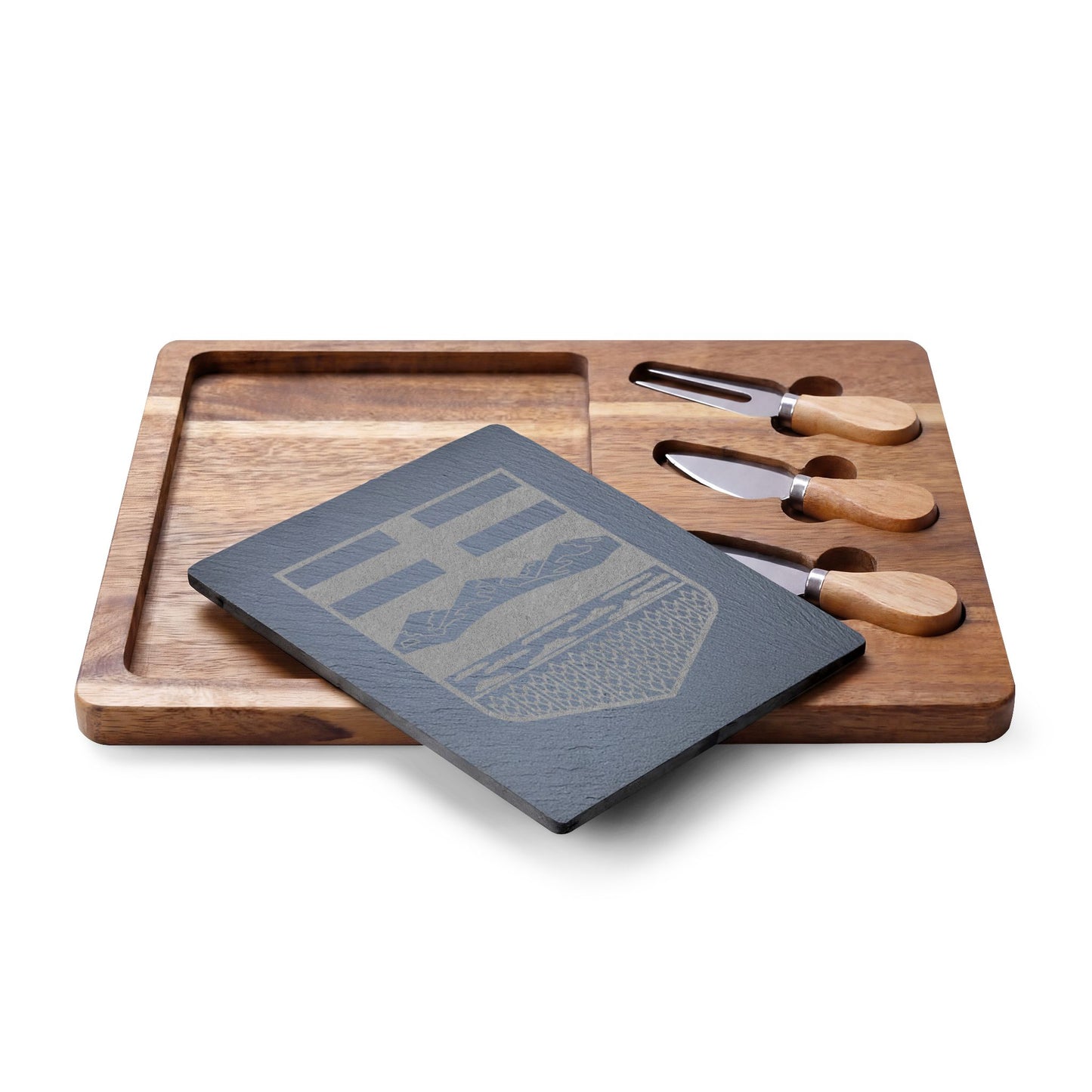 Alberta Shield Engraved Charcuterie Board | Acacia & Slate with 3 Cheese Knives