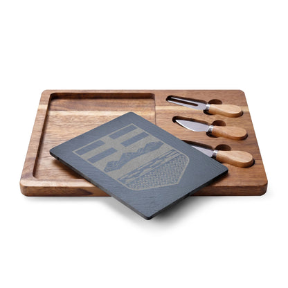 Alberta Shield Engraved Charcuterie Board | Acacia & Slate with 3 Cheese Knives