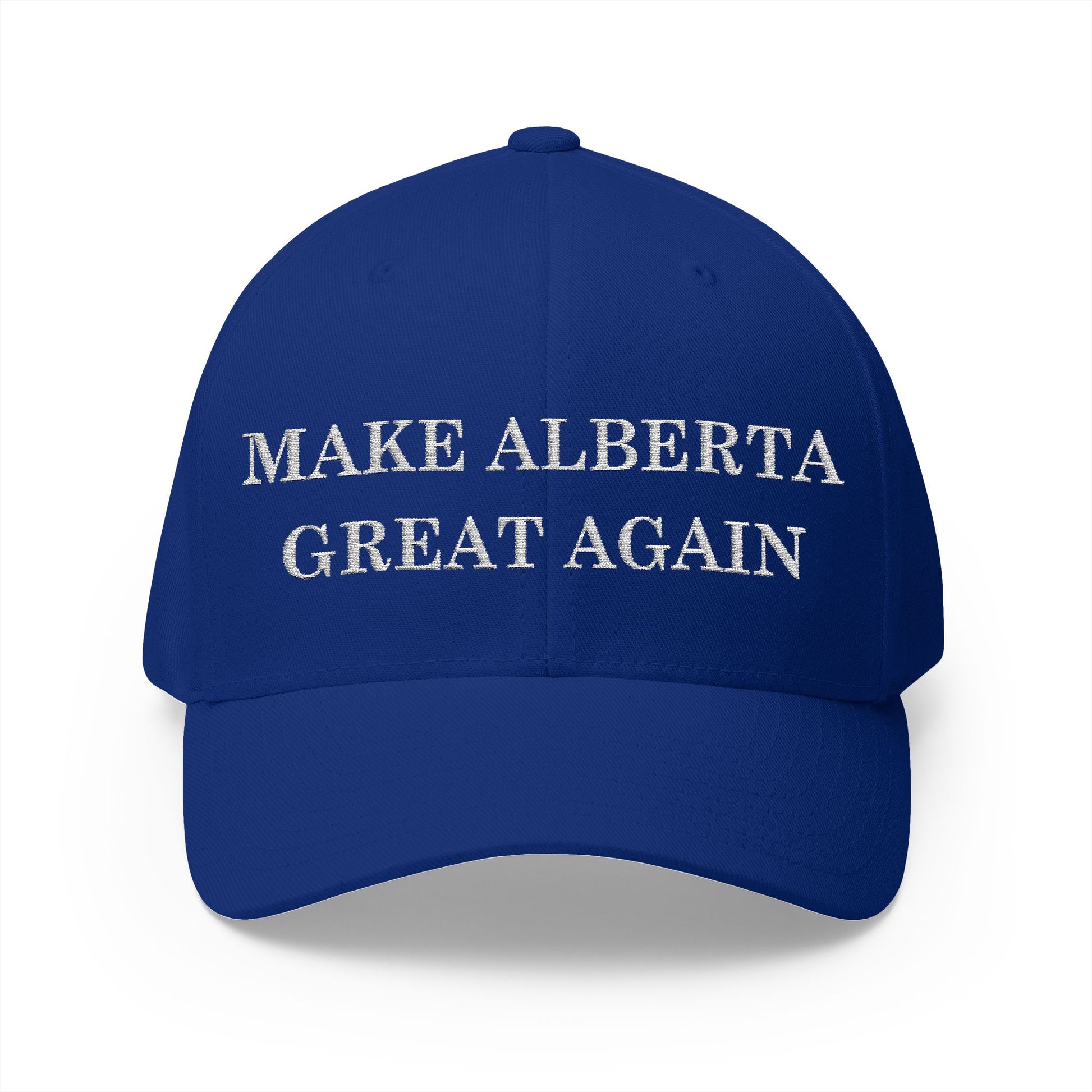 Blue cap with 'MAKE ALBERTA GREAT AGAIN' text on a white background