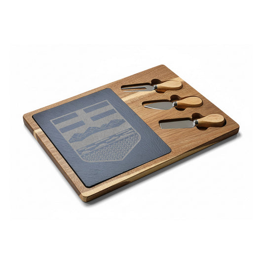 Alberta Shield Engraved Charcuterie Board | Acacia & Slate with 3 Cheese Knives
