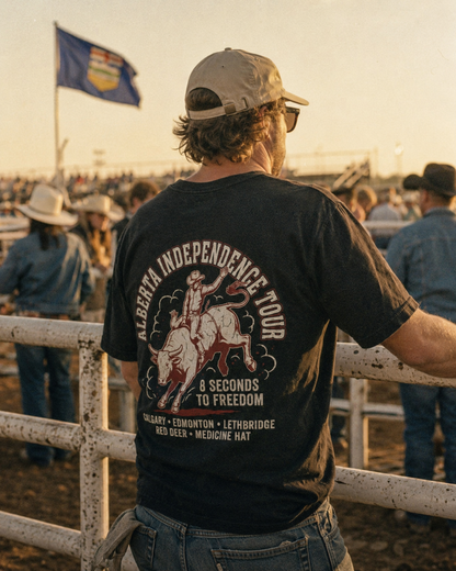 Alberta Independence Tour Graphic Tee — "8 Seconds to Freedom" Bull Rider Shirt