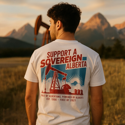 Person wearing a t-shirt with 'Support a Sovereign Alberta' design in a field with pumpjacks and mountains.