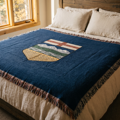 Alberta Flag Woven Blanket 80x60 large covering a queen bed