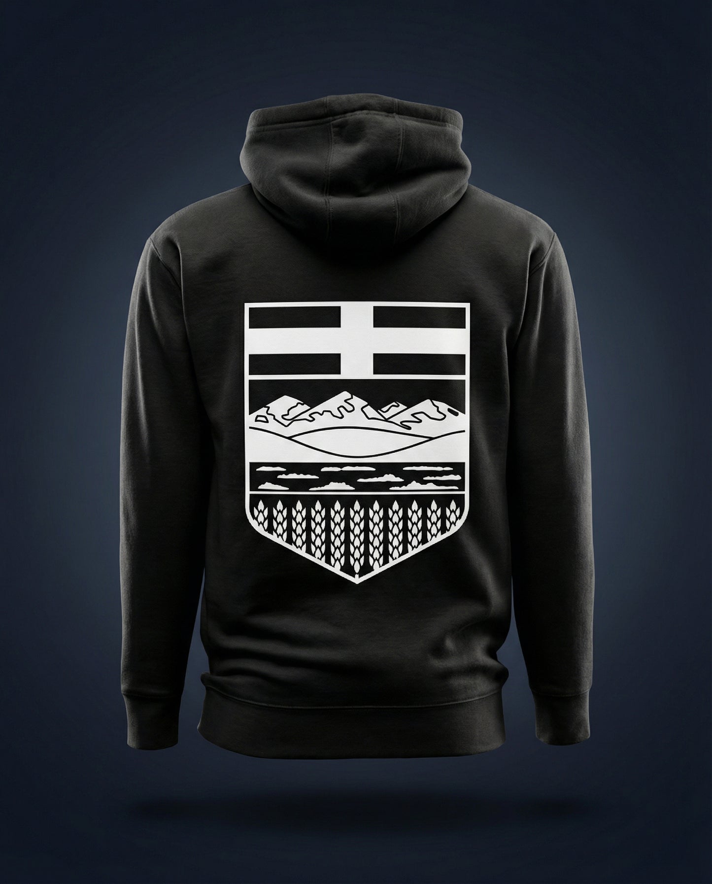Black Alberta Crest hoodie with a white emblem on the back against a dark background