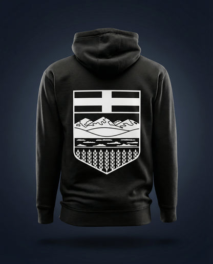 Black Alberta Crest hoodie with a white emblem on the back against a dark background
