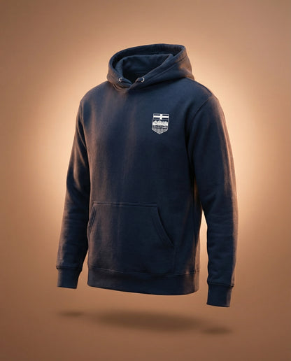 Navy blue Alberta Shield hoodie with a logo on a brown background