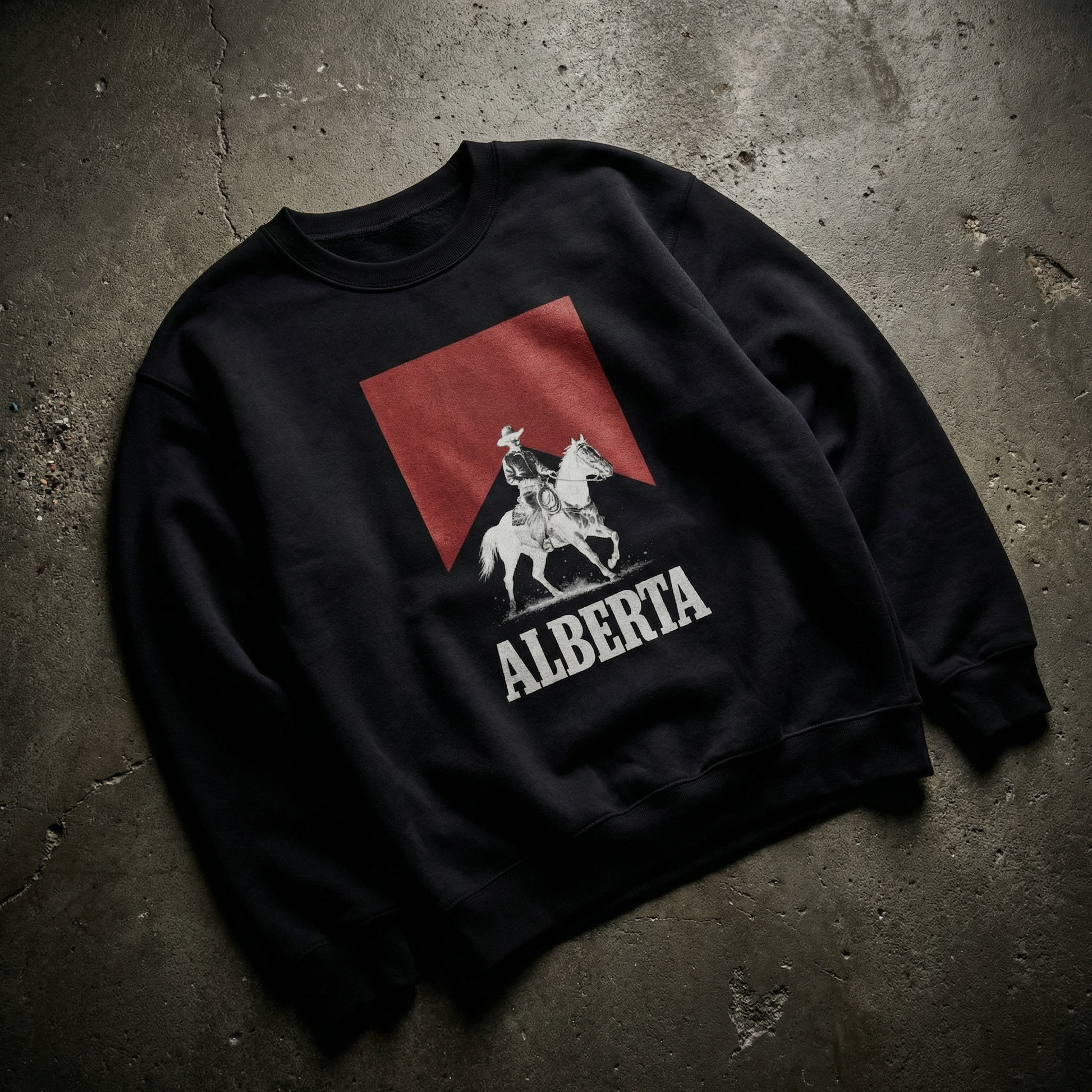 Black sweatshirt with a red square featuring a cowboy and horse graphic and 'Alberta' text on a textured surface.