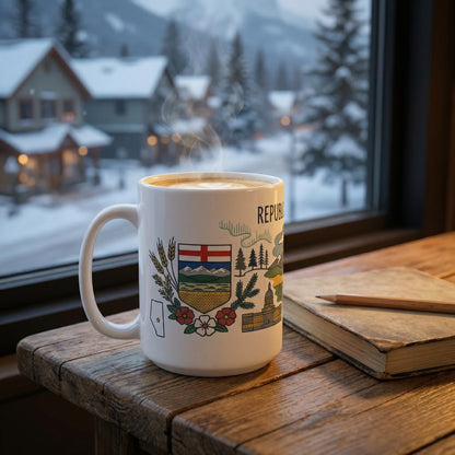 Republic of Alberta Scenic Ceramic Mug — Mountains, Wildlife & Coat of Arms Coffee Cup