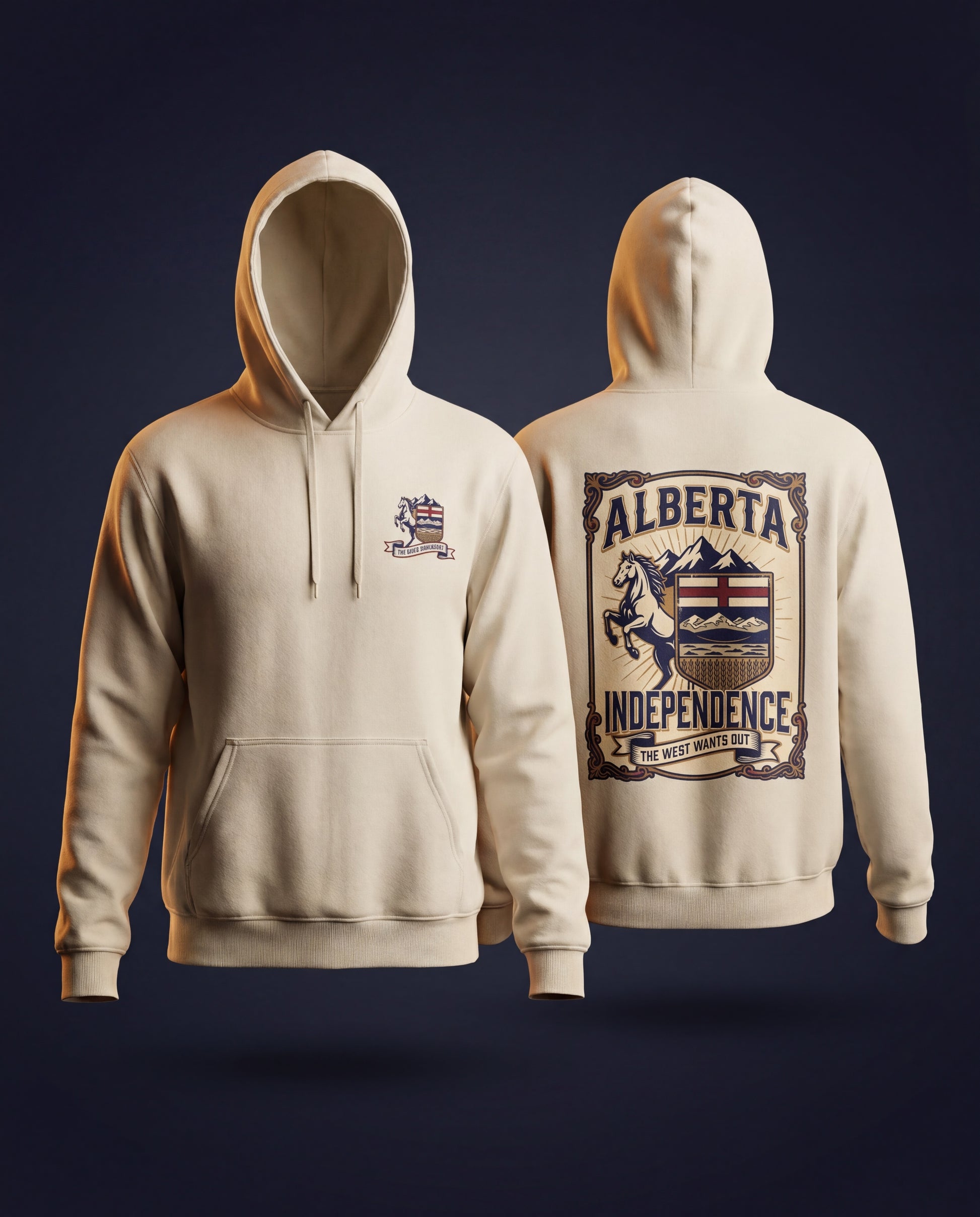 Beige hoodie with 'Alberta Independence' graphic on a dark background