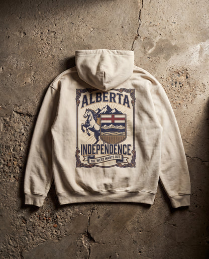 Beige hoodie with 'Alberta Independence' graphic on a textured stone wall