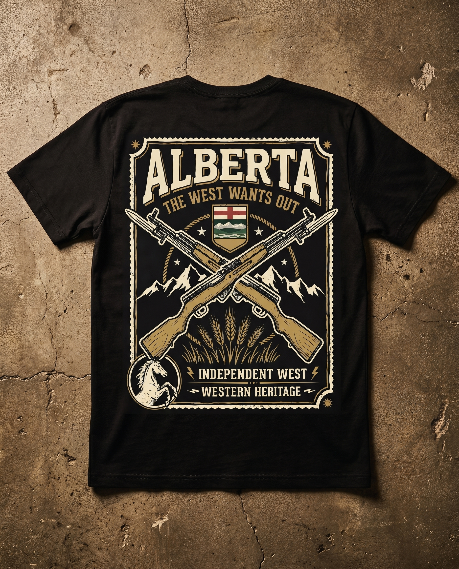 Black t-shirt with Alberta-themed graphic design on a textured brown background