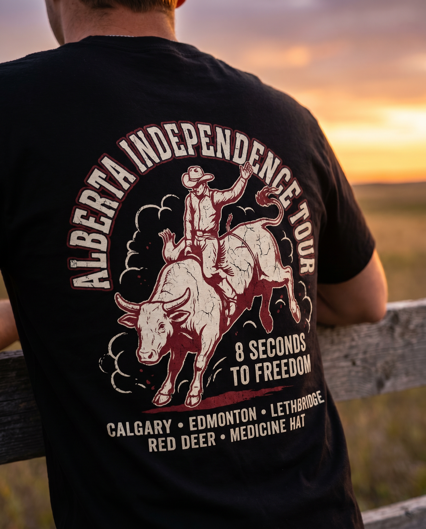 Alberta Independence Tour Graphic Tee — "8 Seconds to Freedom" Bull Rider Shirt