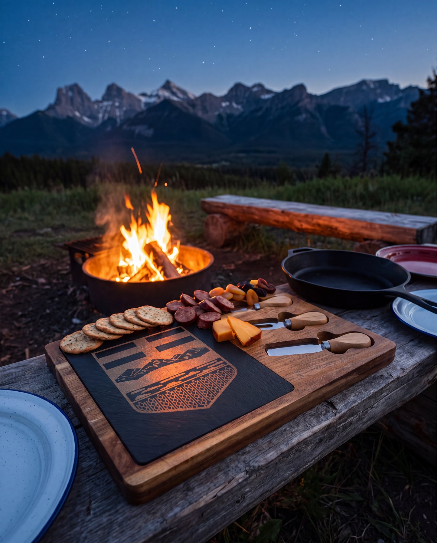 Alberta Shield Engraved Charcuterie Board | Acacia & Slate with 3 Cheese Knives