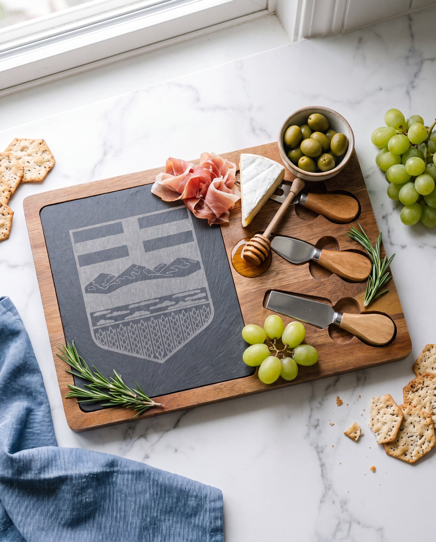Alberta Shield Engraved Charcuterie Board | Acacia & Slate with 3 Cheese Knives