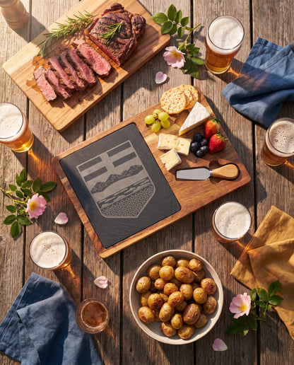 Alberta Shield Engraved Charcuterie Board | Acacia & Slate with 3 Cheese Knives