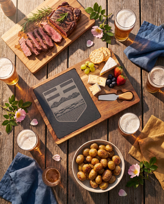 Alberta Shield Engraved Charcuterie Board | Acacia & Slate with 3 Cheese Knives