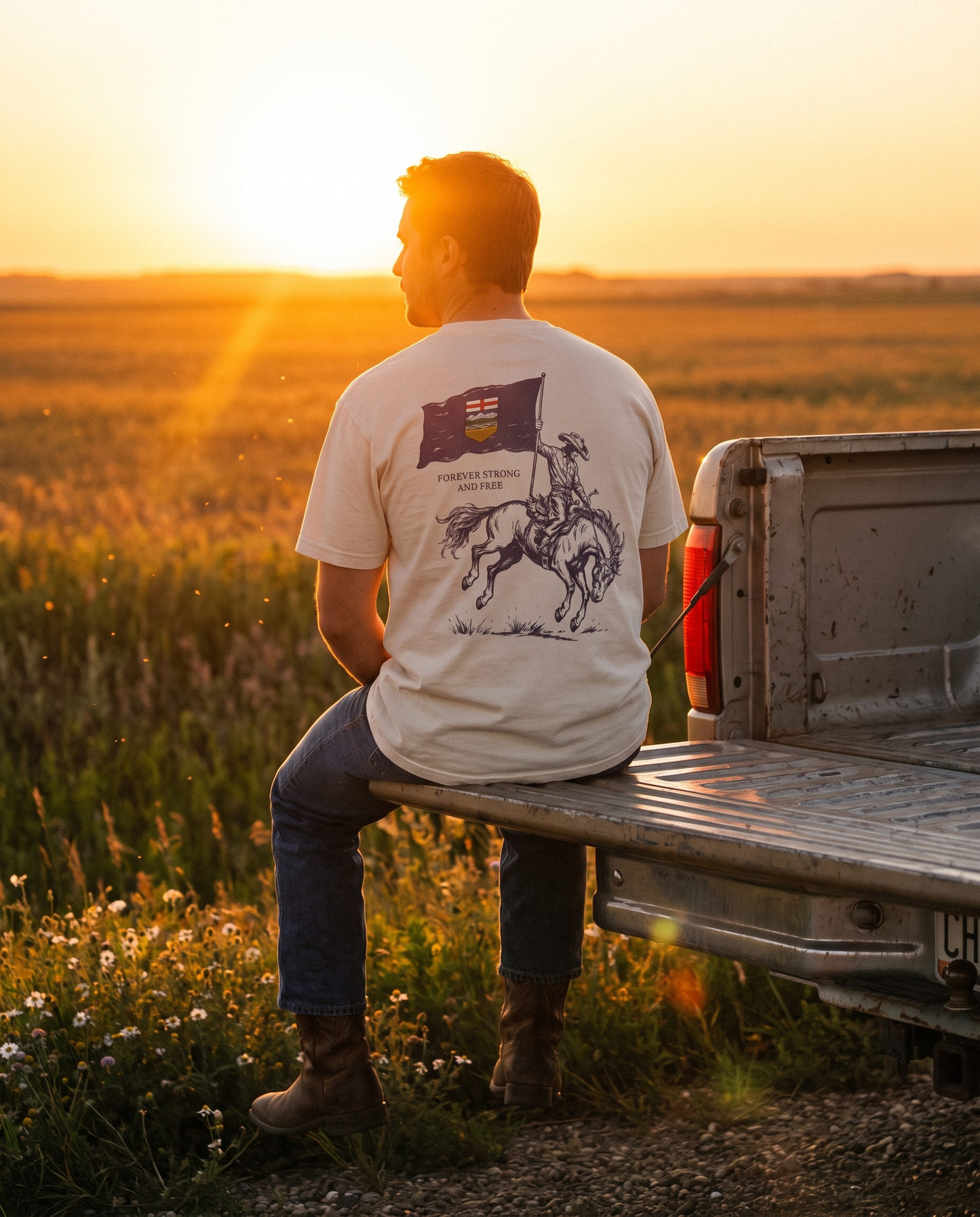 Alberta Flag T-Shirt | Strong and Free Bronco Rider