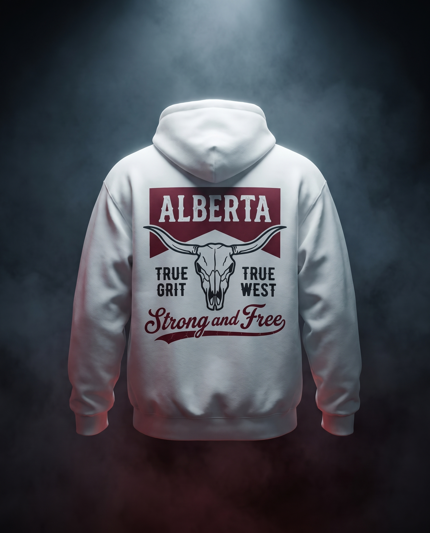 A white pullover hoodie shown from the back, featuring a large Alberta-themed graphic with a longhorn skull, the word "ALBERTA" in white on a dark red rectangle, and the phrases "TRUE GRIT," "TRUE WEST," and "Strong and Free" in dark red script and block lettering.