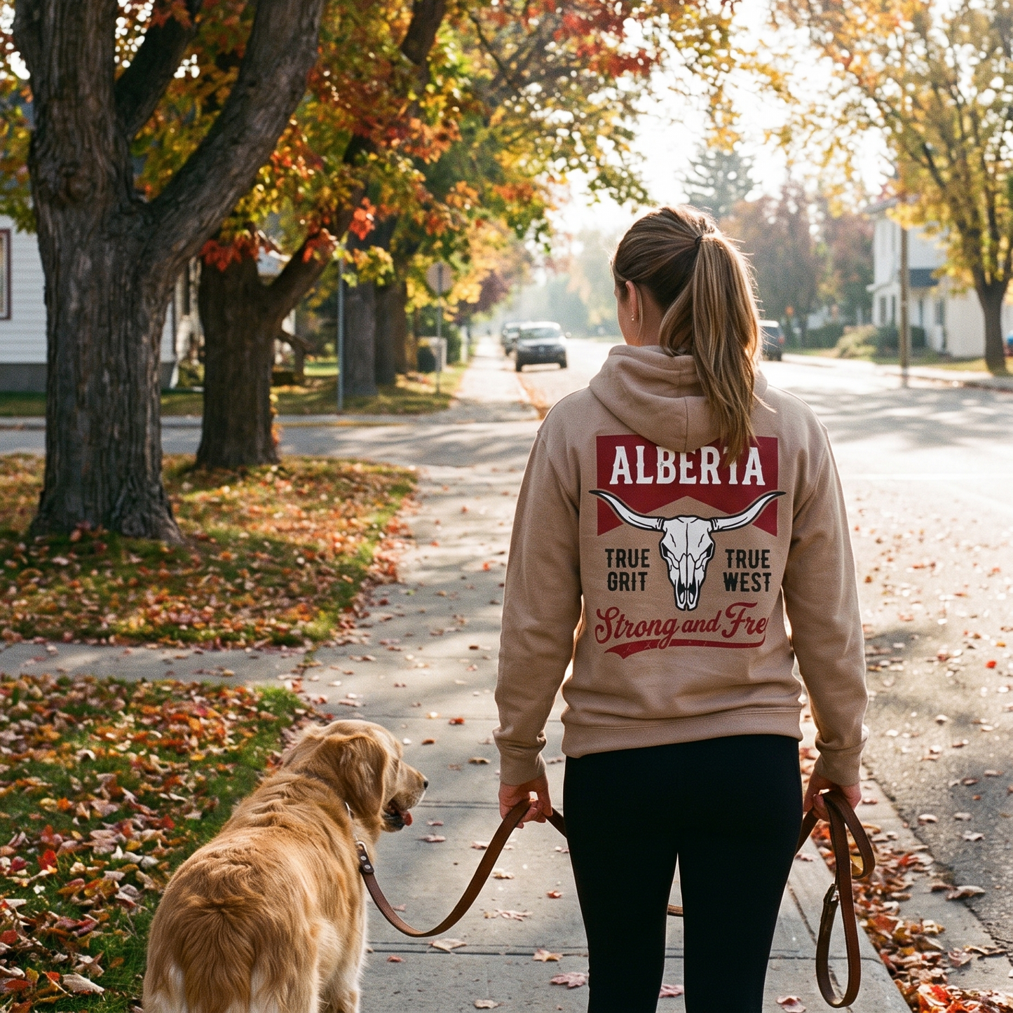 A woman viewed from behind walks a golden retriever on a leash down an autumn tree-lined street. The woman wears a beige hoodie with a large back graphic that reads 'ALBERTIA TRUE GRIT TRUE WEST Strong and Free' with a white steer skull, and the hoodie is the product being shown.