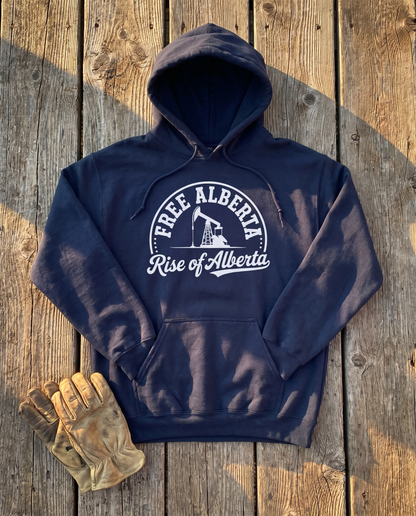 Free Alberta hoodie navy flat lay barn wood