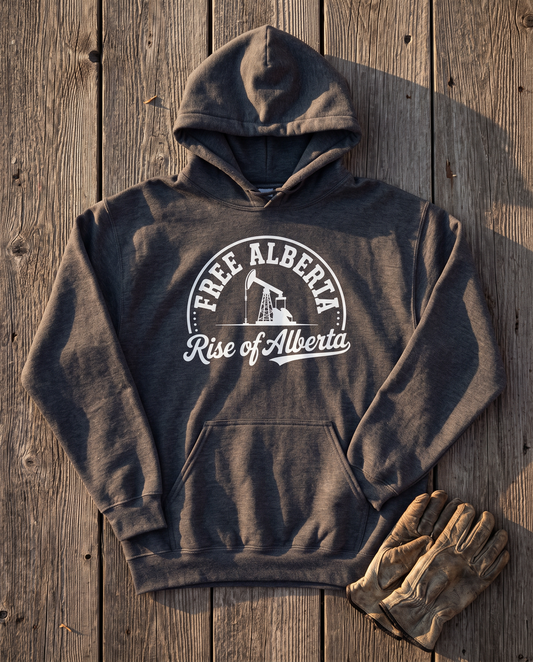 Free Alberta hoodie dark heather flat lay barn wood