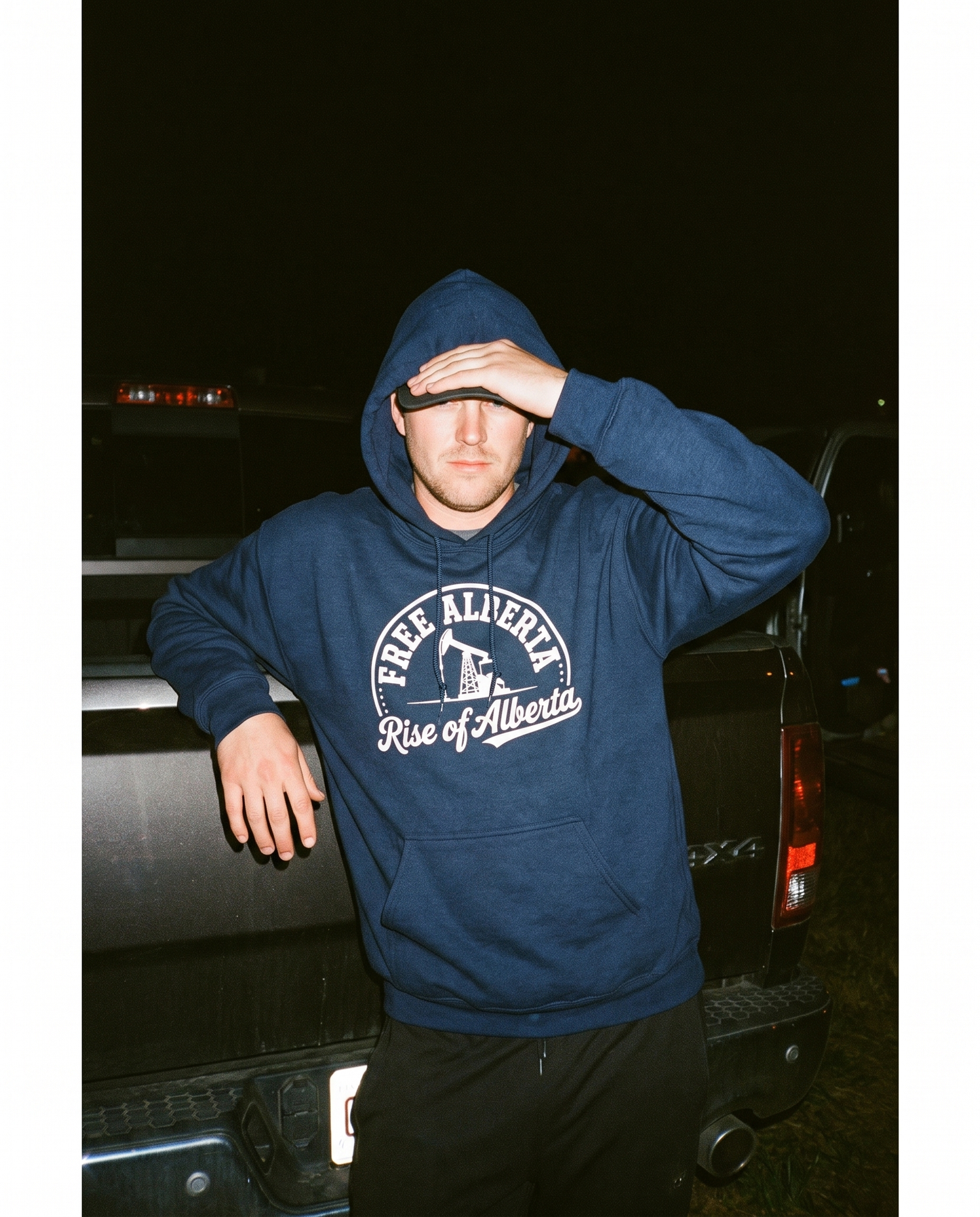 Free Alberta hoodie navy night lifestyle