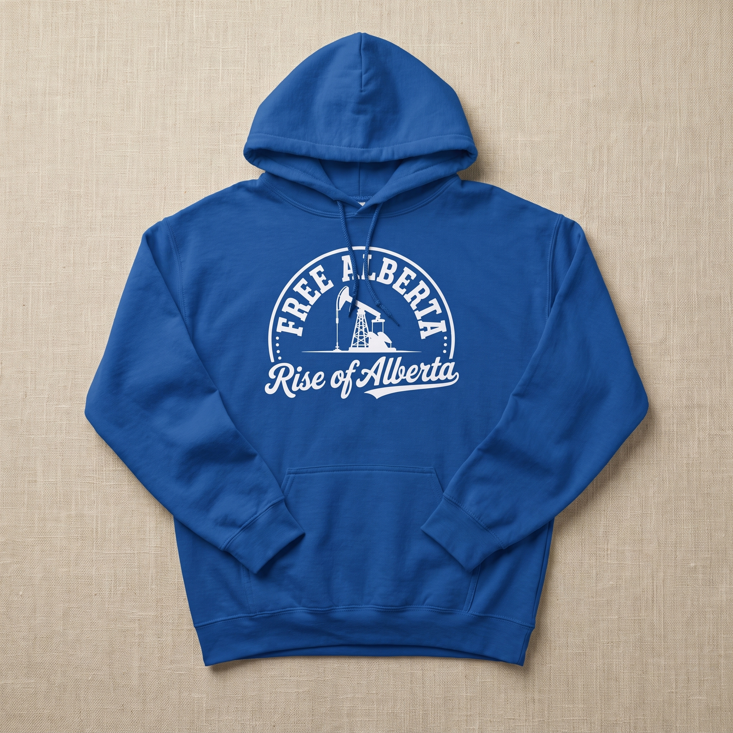 Free Alberta hoodie royal blue flat lay