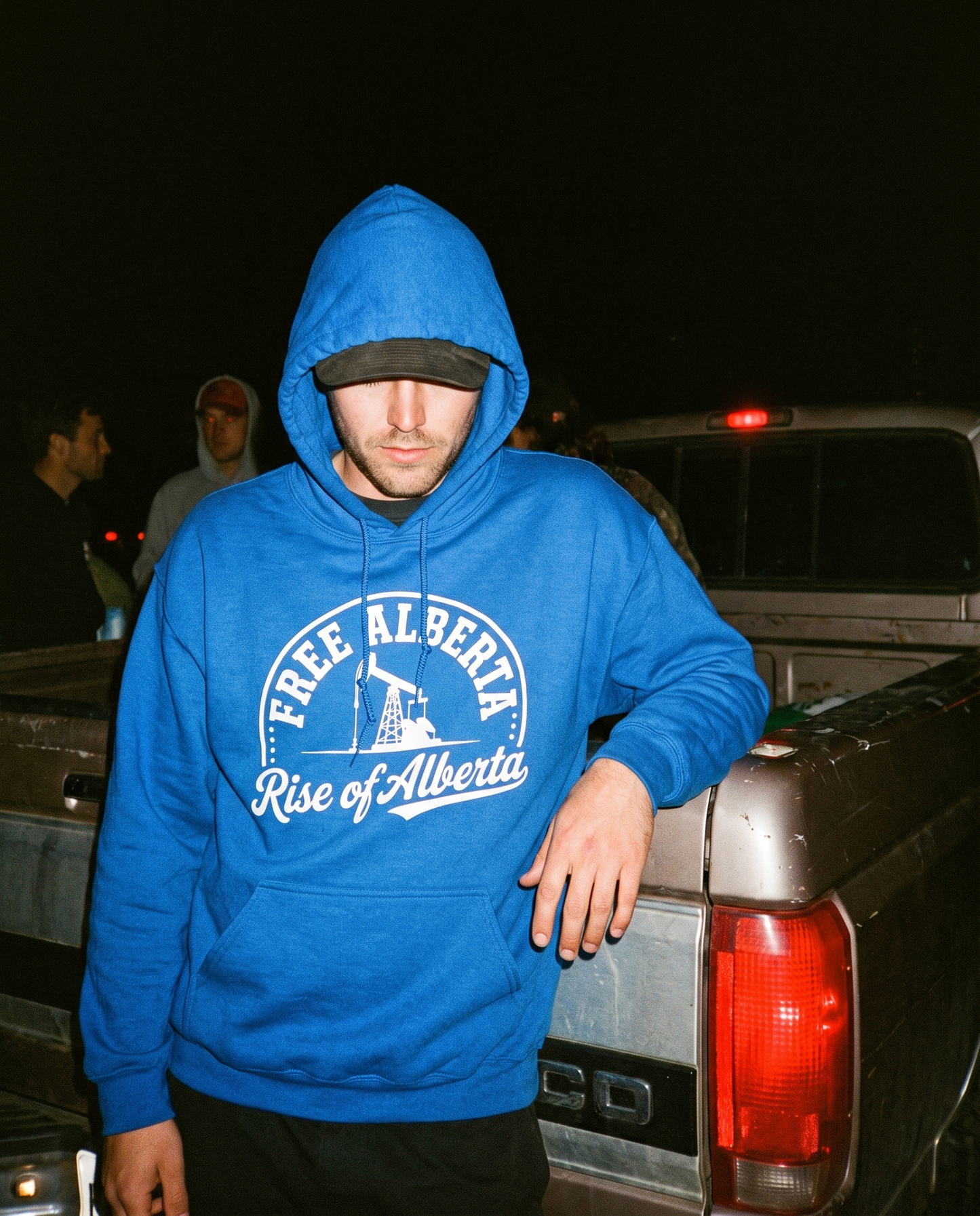 Free Alberta hoodie royal blue night lifestyle