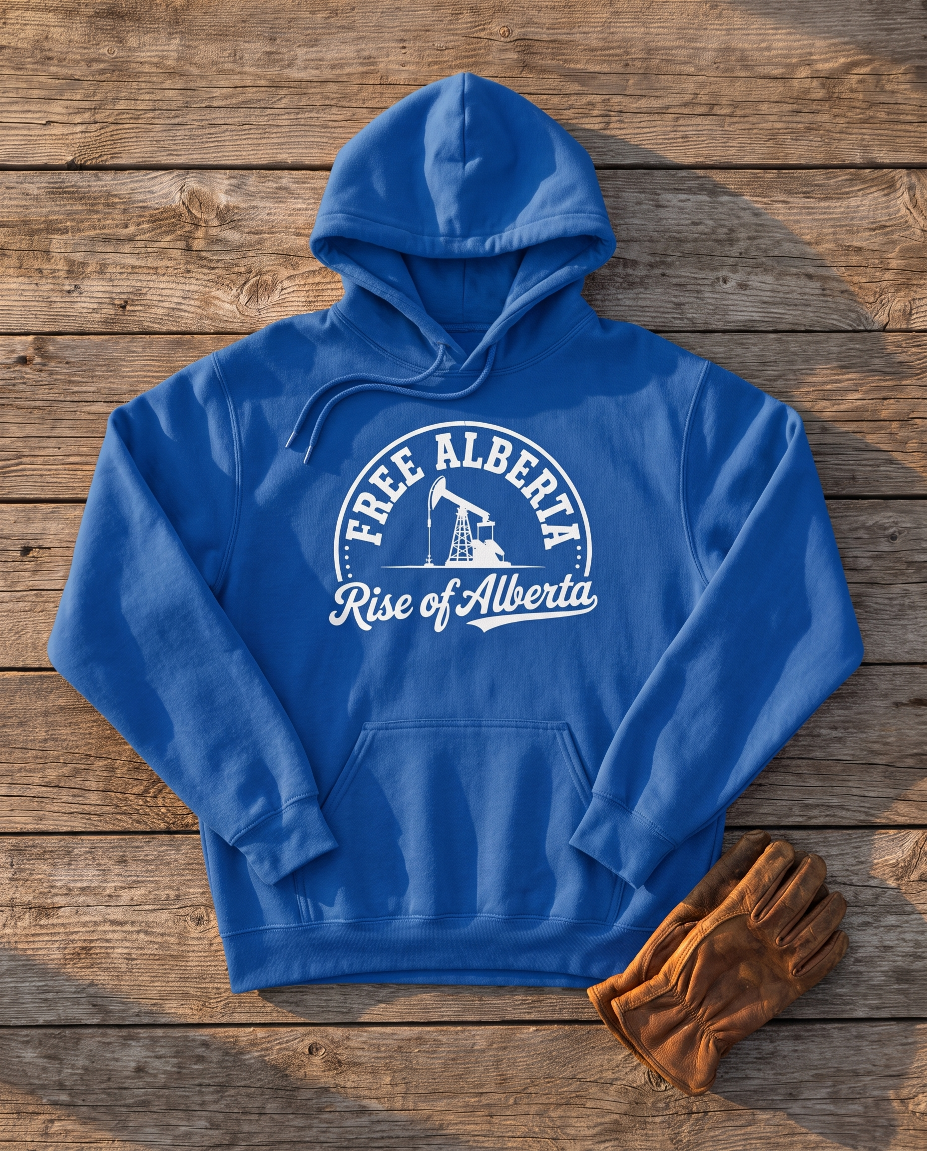 Free Alberta hoodie royal blue flat lay barn wood