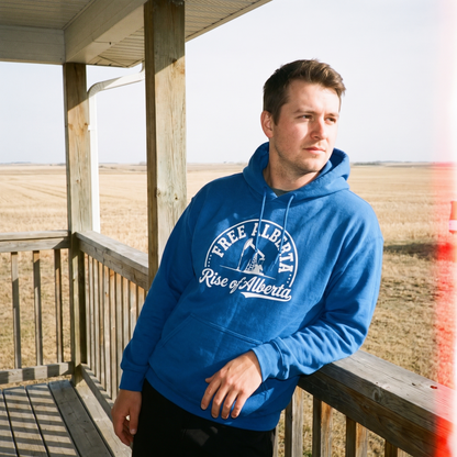 Free Alberta hoodie royal blue porch lifestyle