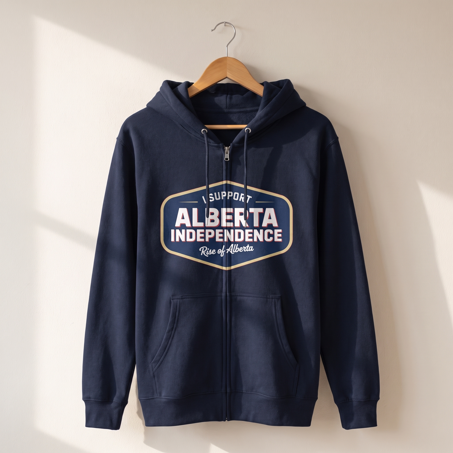 Navy Alberta Independence zip hoodie on hanger