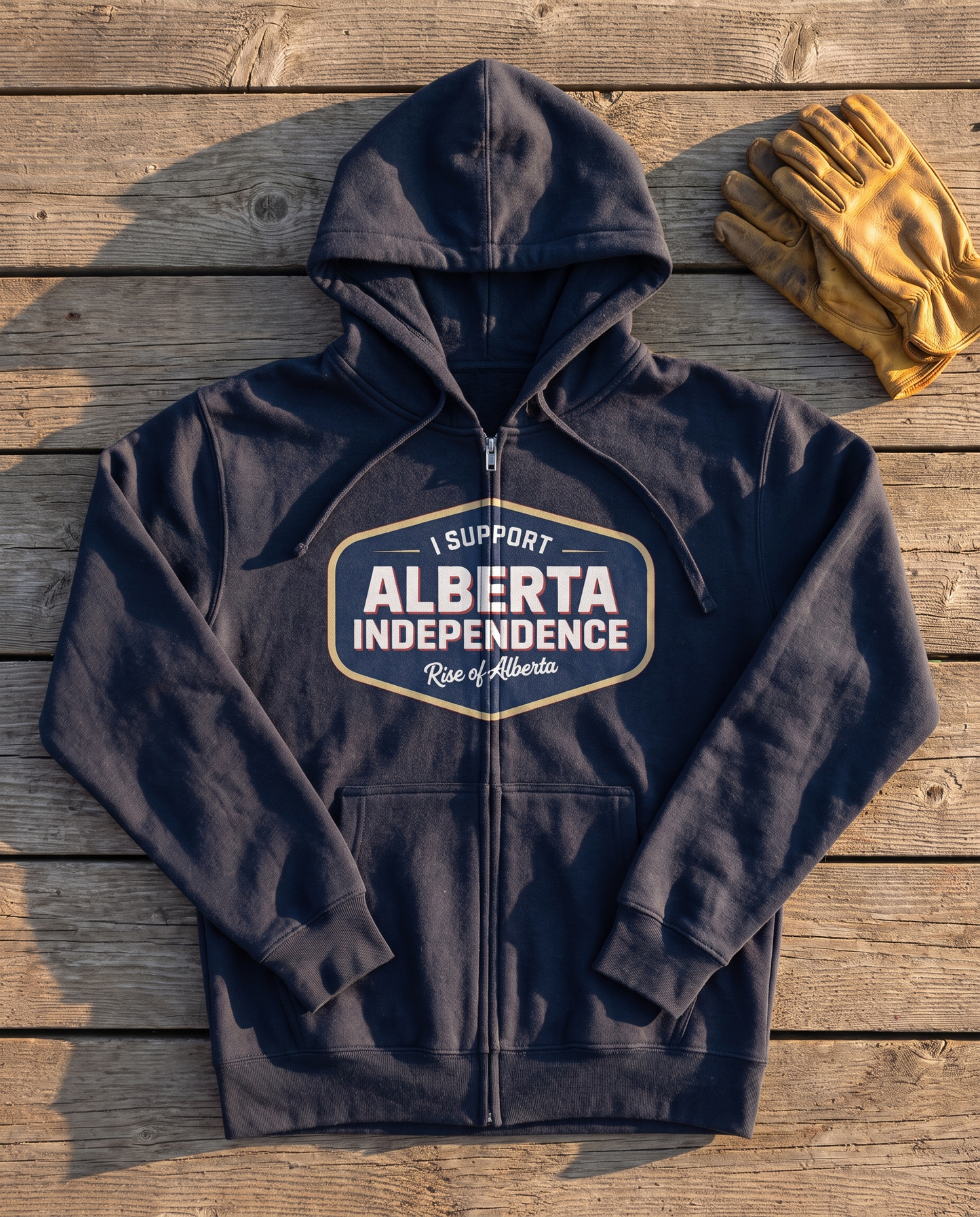 Navy Alberta Independence zip hoodie flat lay barn wood