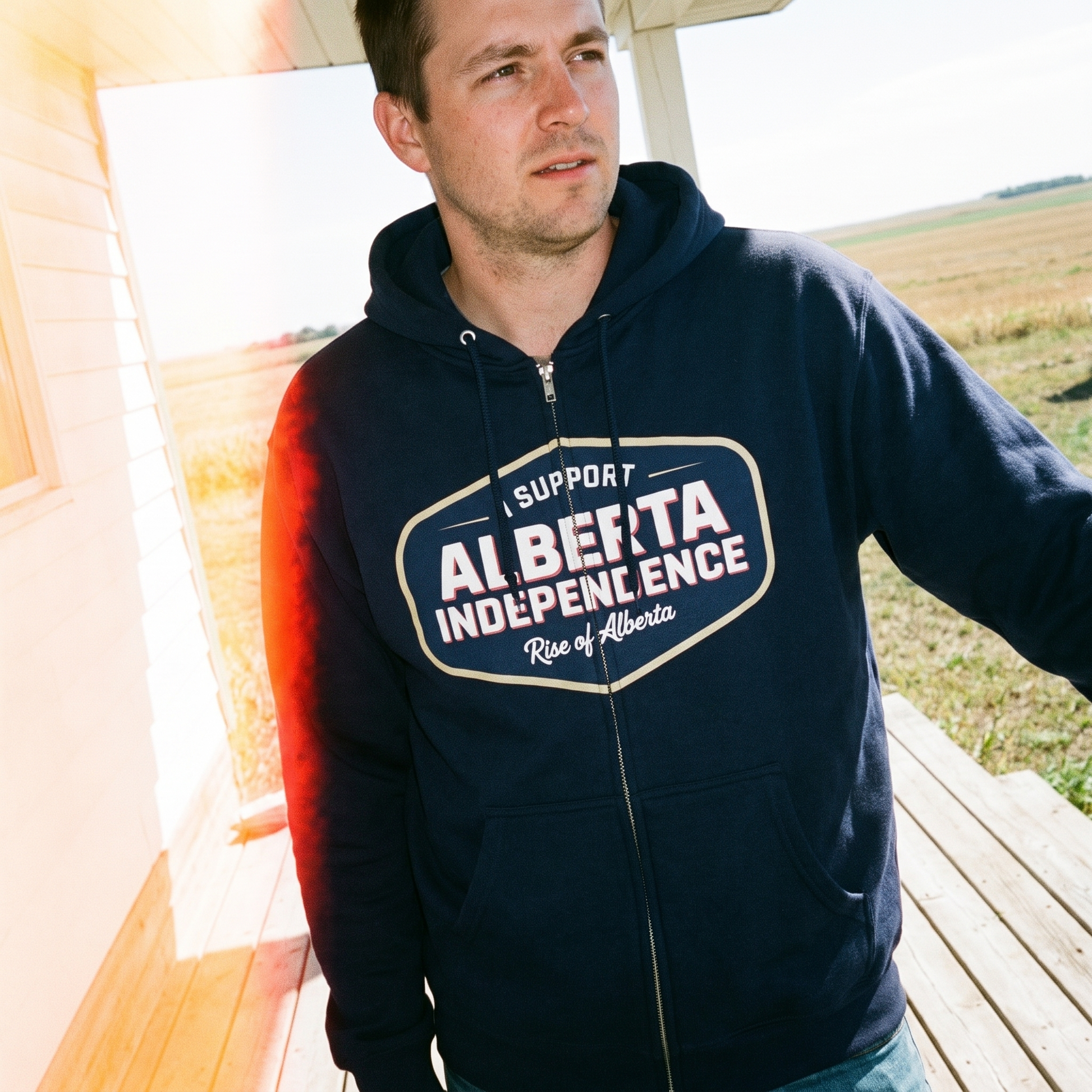 Navy Alberta Independence zip hoodie porch lifestyle