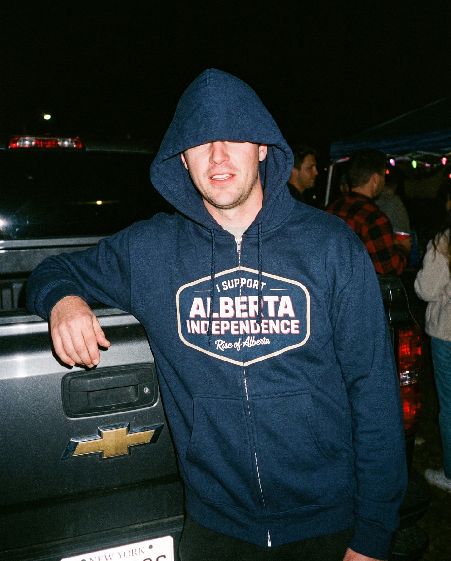 Navy Alberta Independence zip hoodie night lifestyle