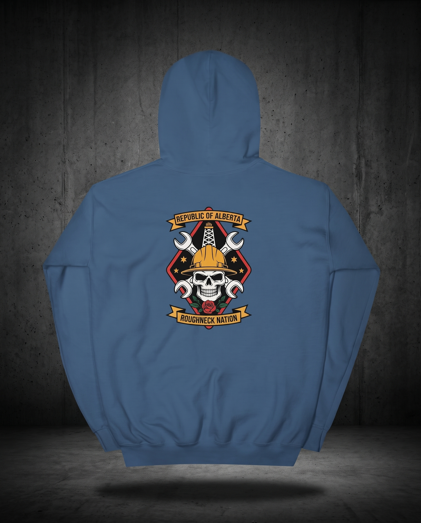 Roughneck Nation hoodie indigo blue back studio