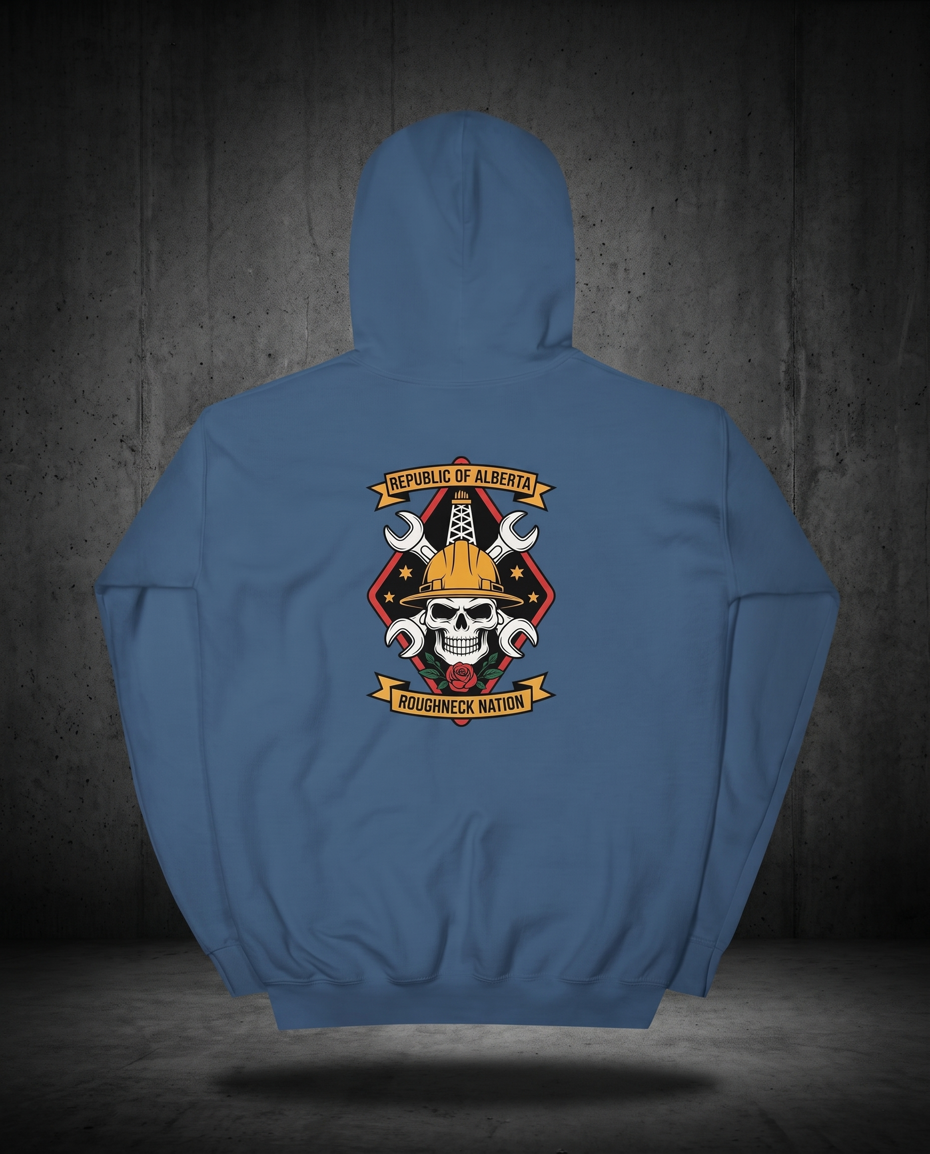 Roughneck Nation hoodie indigo blue back studio