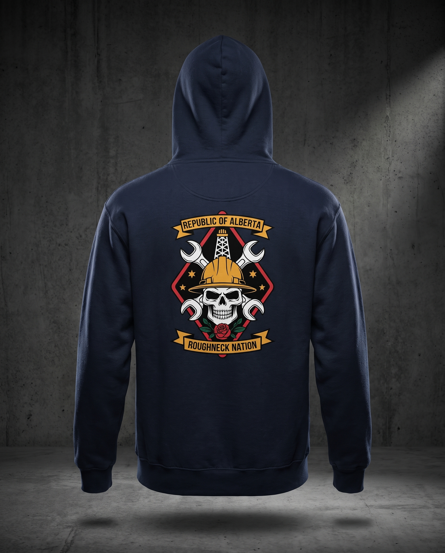 Roughneck Nation hoodie navy back studio