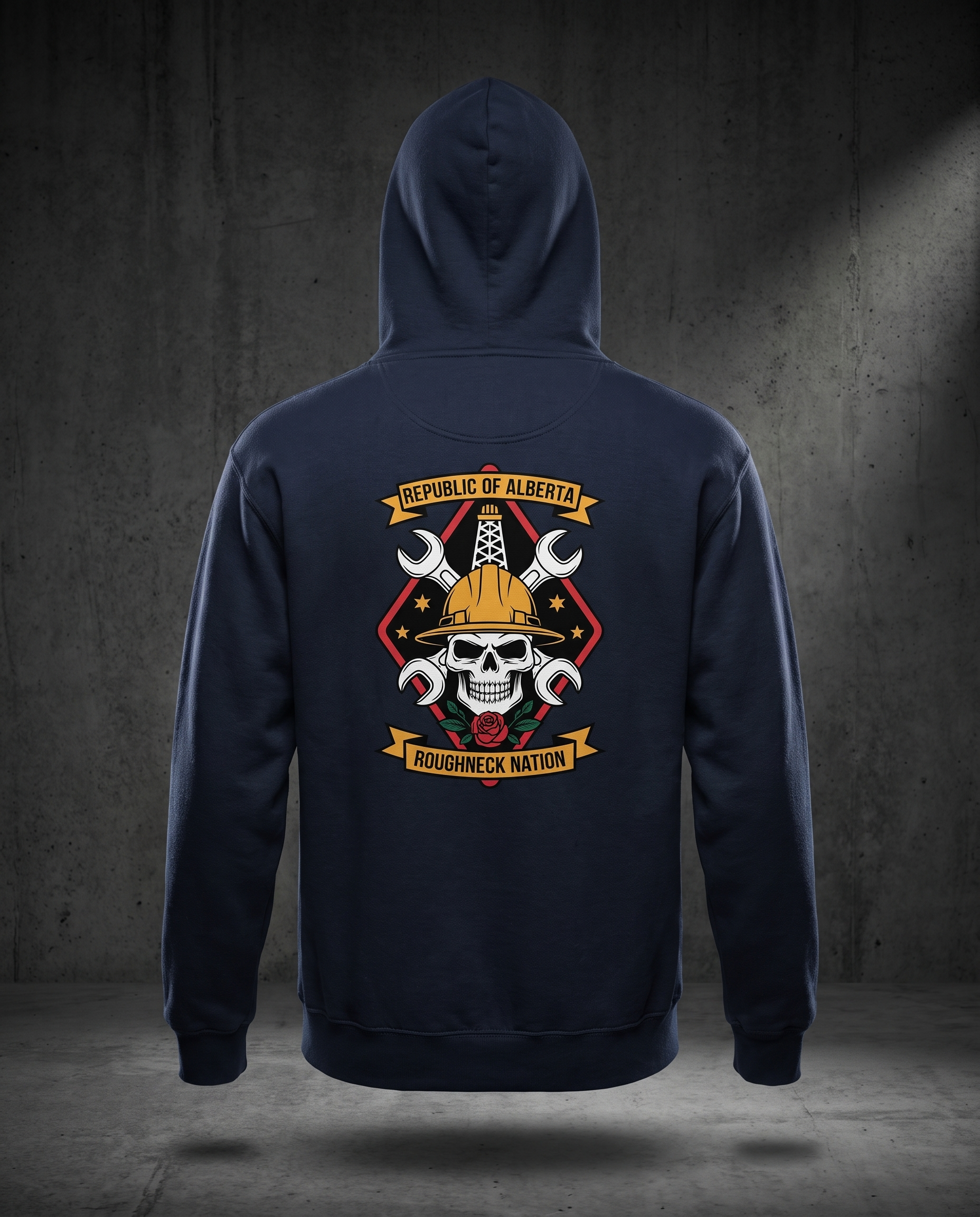 Roughneck Nation hoodie navy back studio