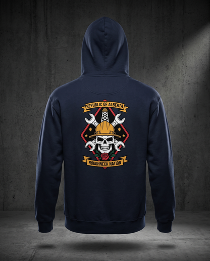 Roughneck Nation hoodie navy back studio