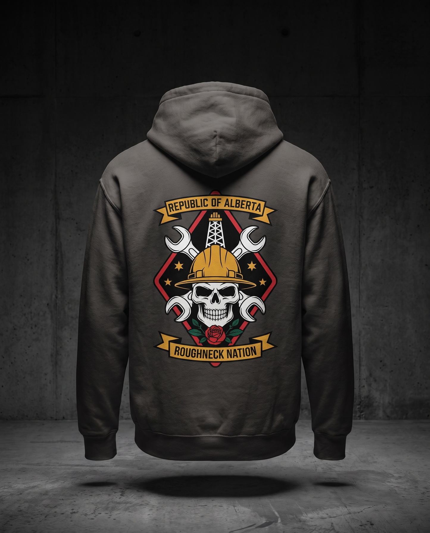 Roughneck Nation hoodie charcoal back studio