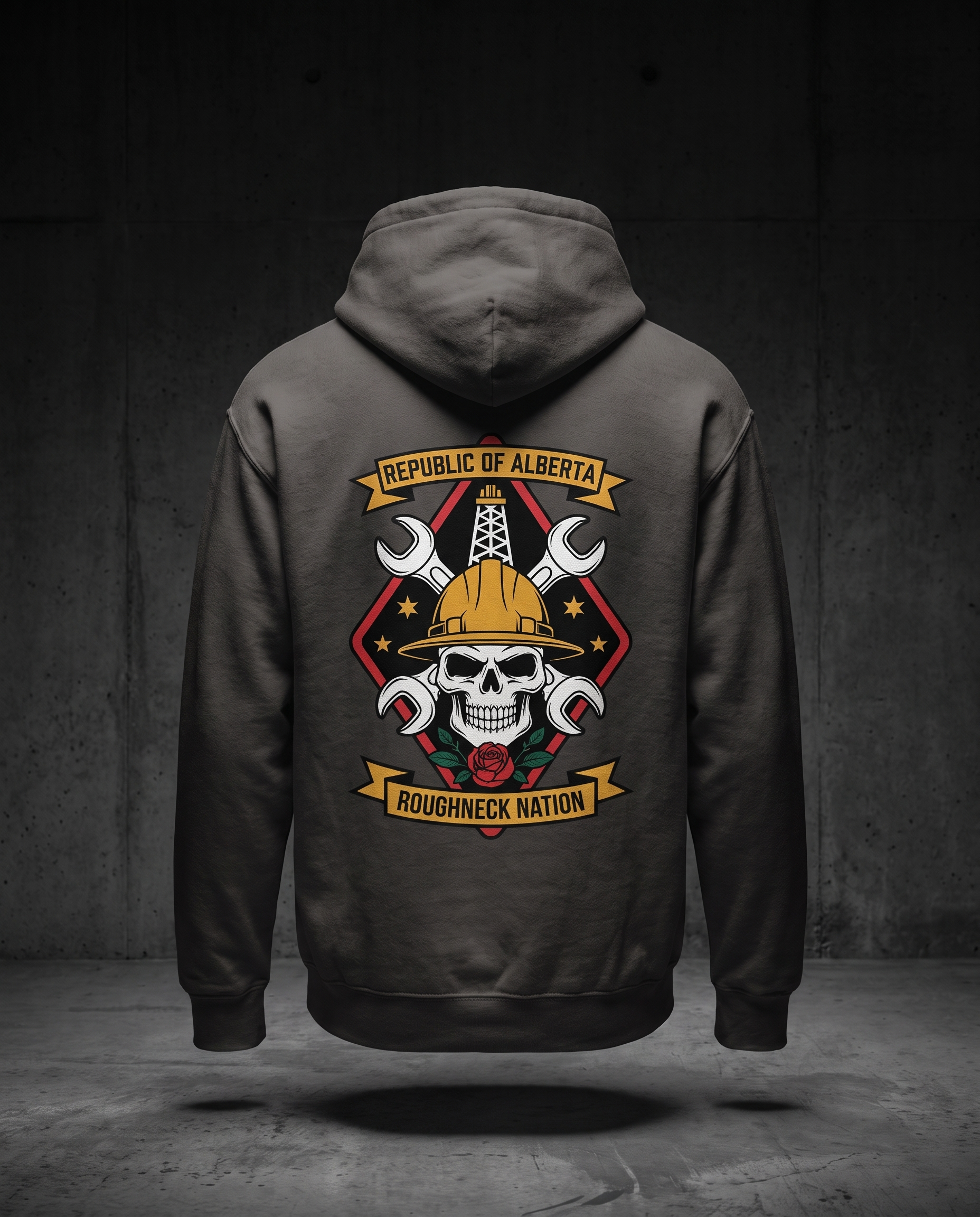 Roughneck Nation hoodie charcoal back studio