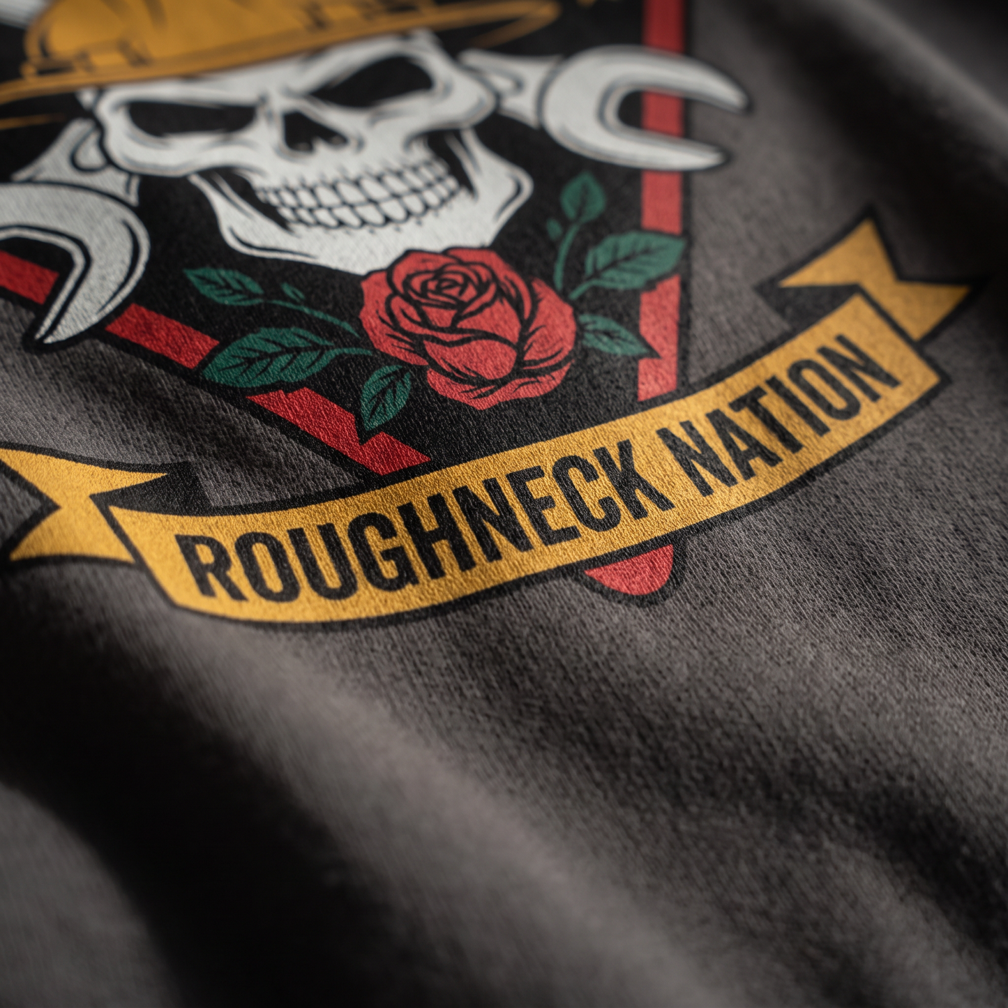 Roughneck Nation hoodie DTG print detail rose banner