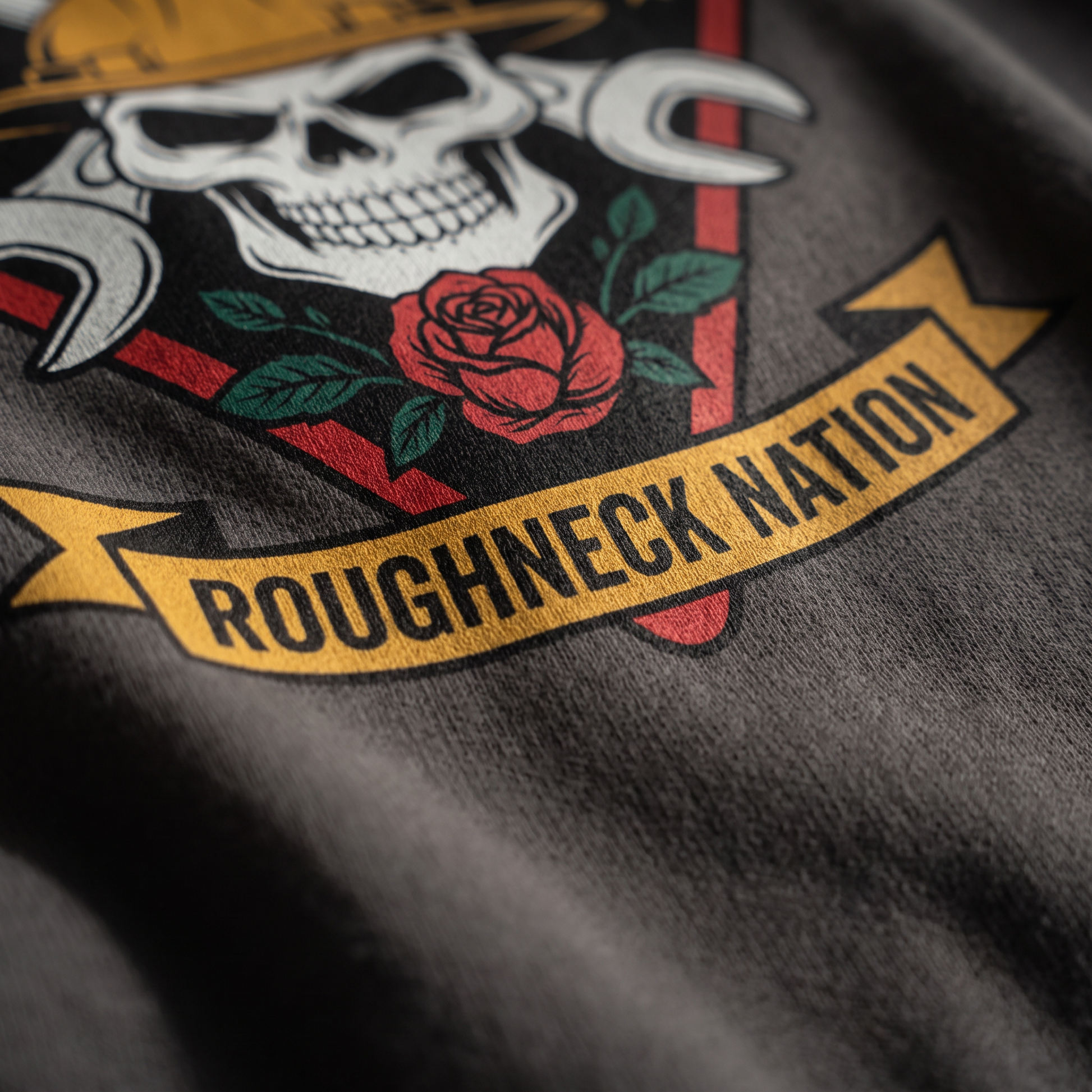 Roughneck Nation hoodie DTG print detail rose banner